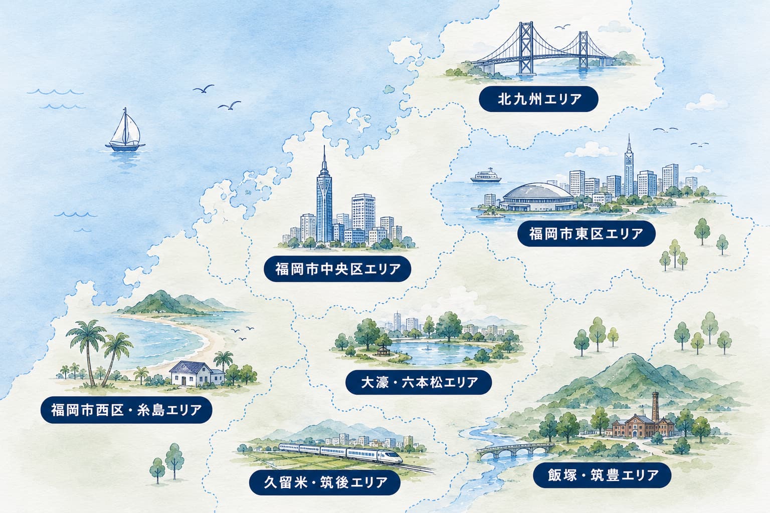 福岡県内の対応エリアと暮らしの特徴を表現したイラストマップ