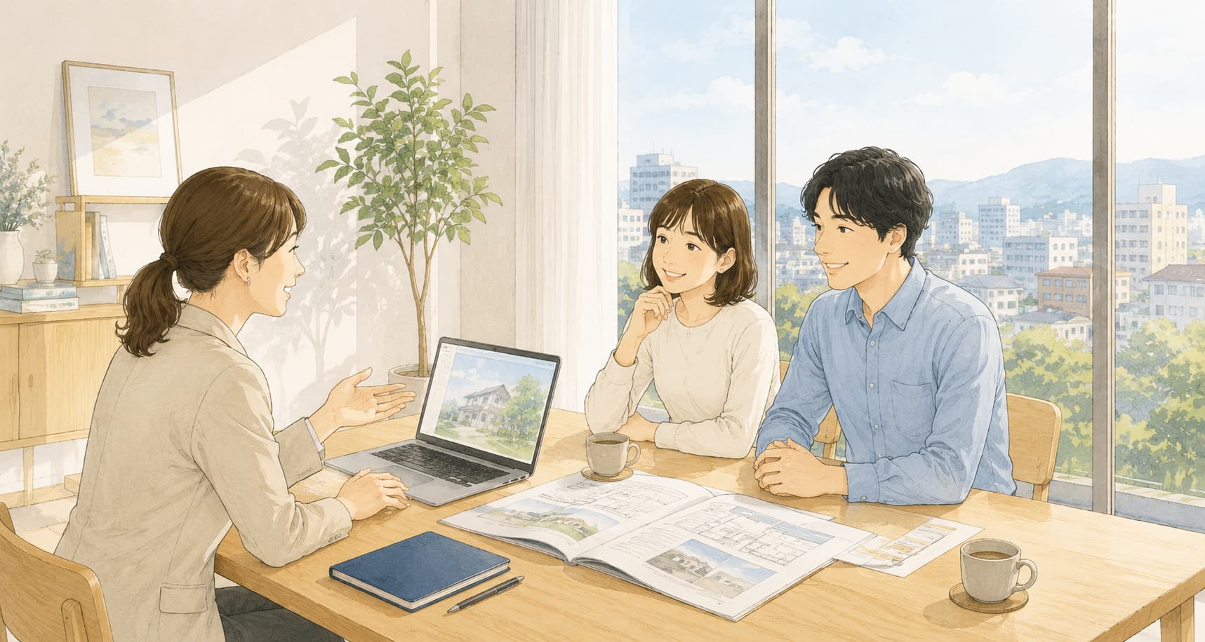 住まい相談をするスタッフとお客様を描いた柔らかなタッチのイラスト
