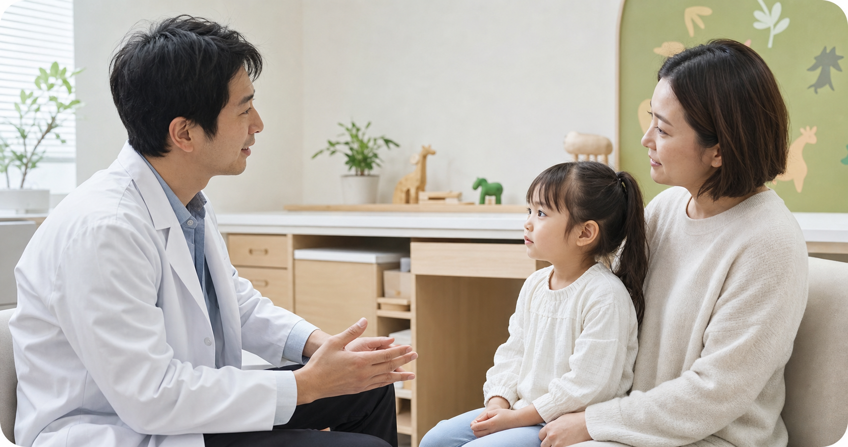 親子に寄り添って診察する様子