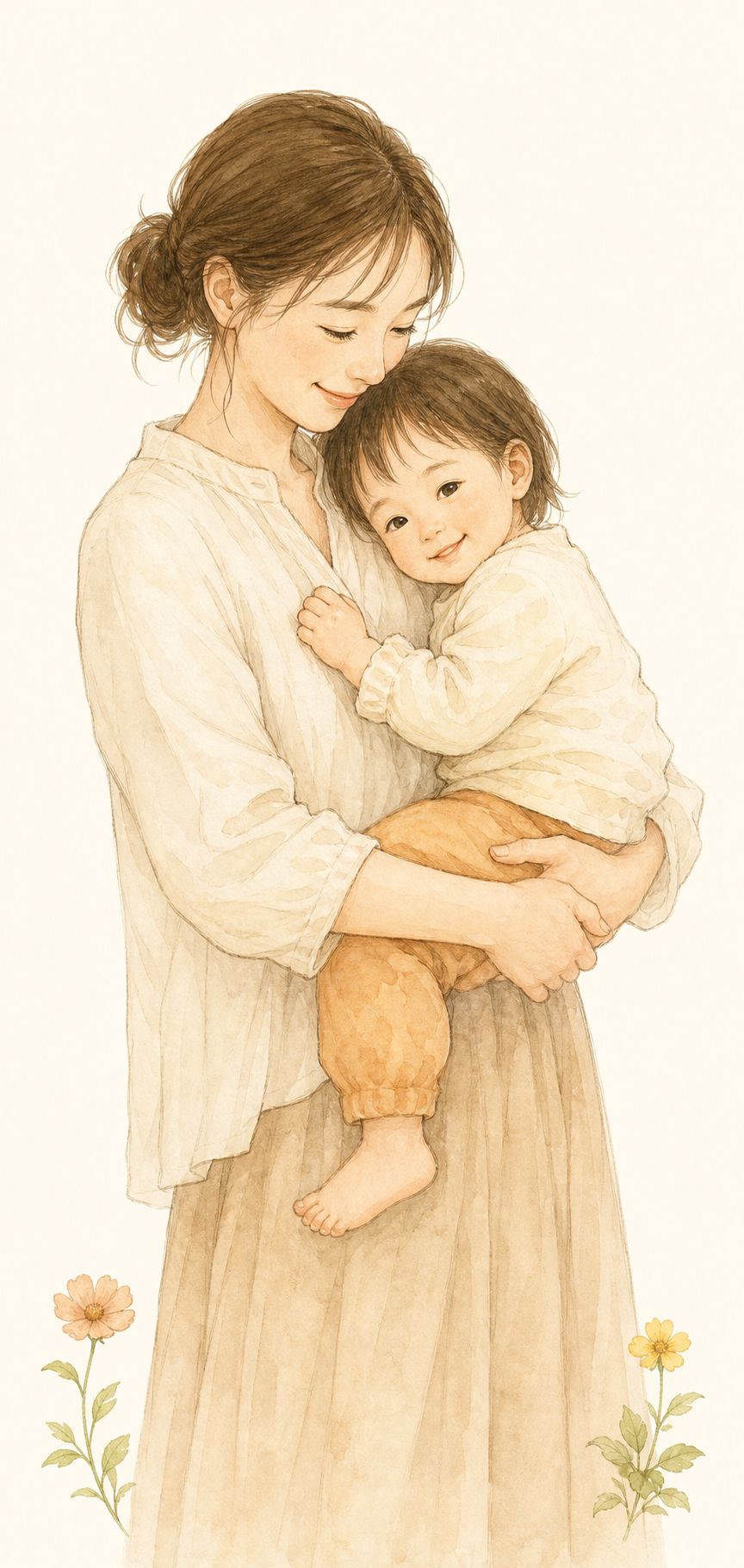 お子さまを抱く保護者のイラスト