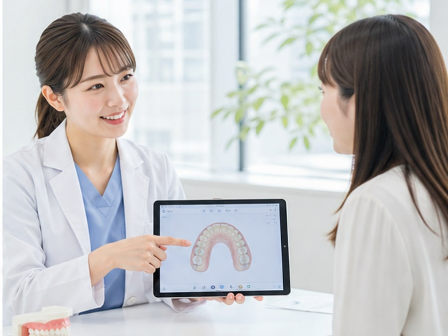 歯科医師が患者へ治療説明をしている様子